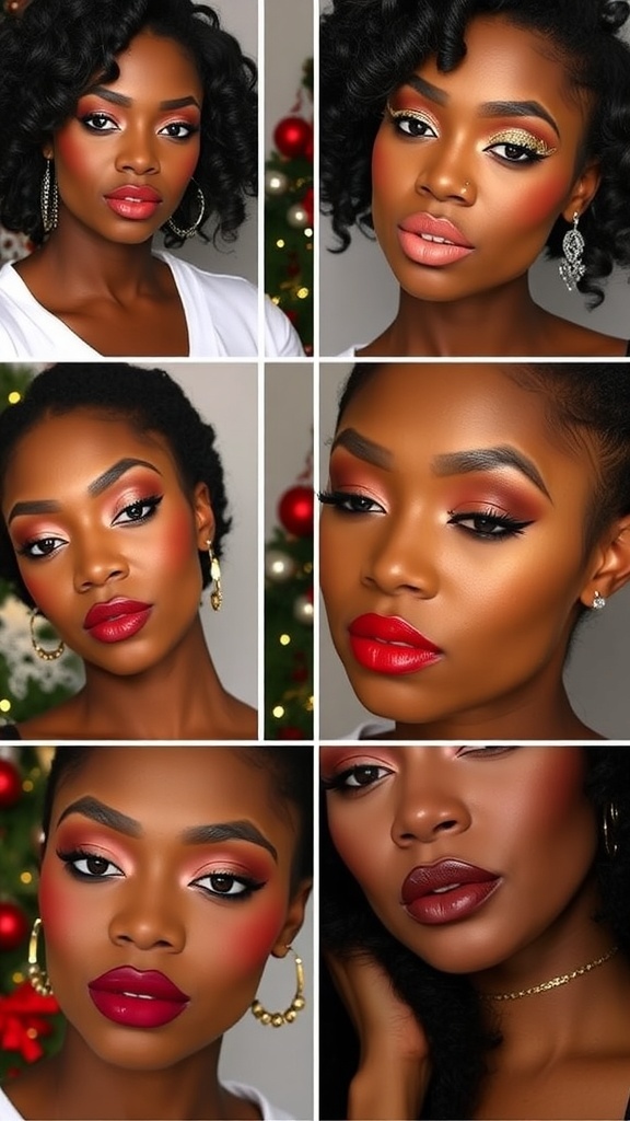 A collection of Christmas makeup looks for Black women featuring vibrant colors and festive styles.